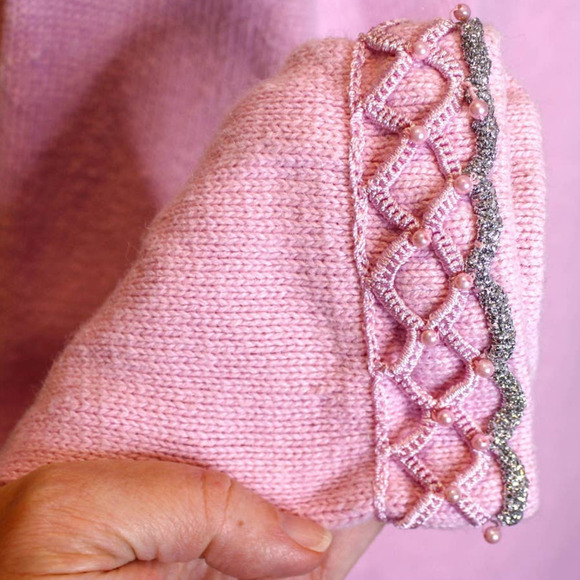Vintage Storybook Knits Cardigan Sweater Pink Silver Embroidered Faux Pearls 1X - Picture 4 of 6